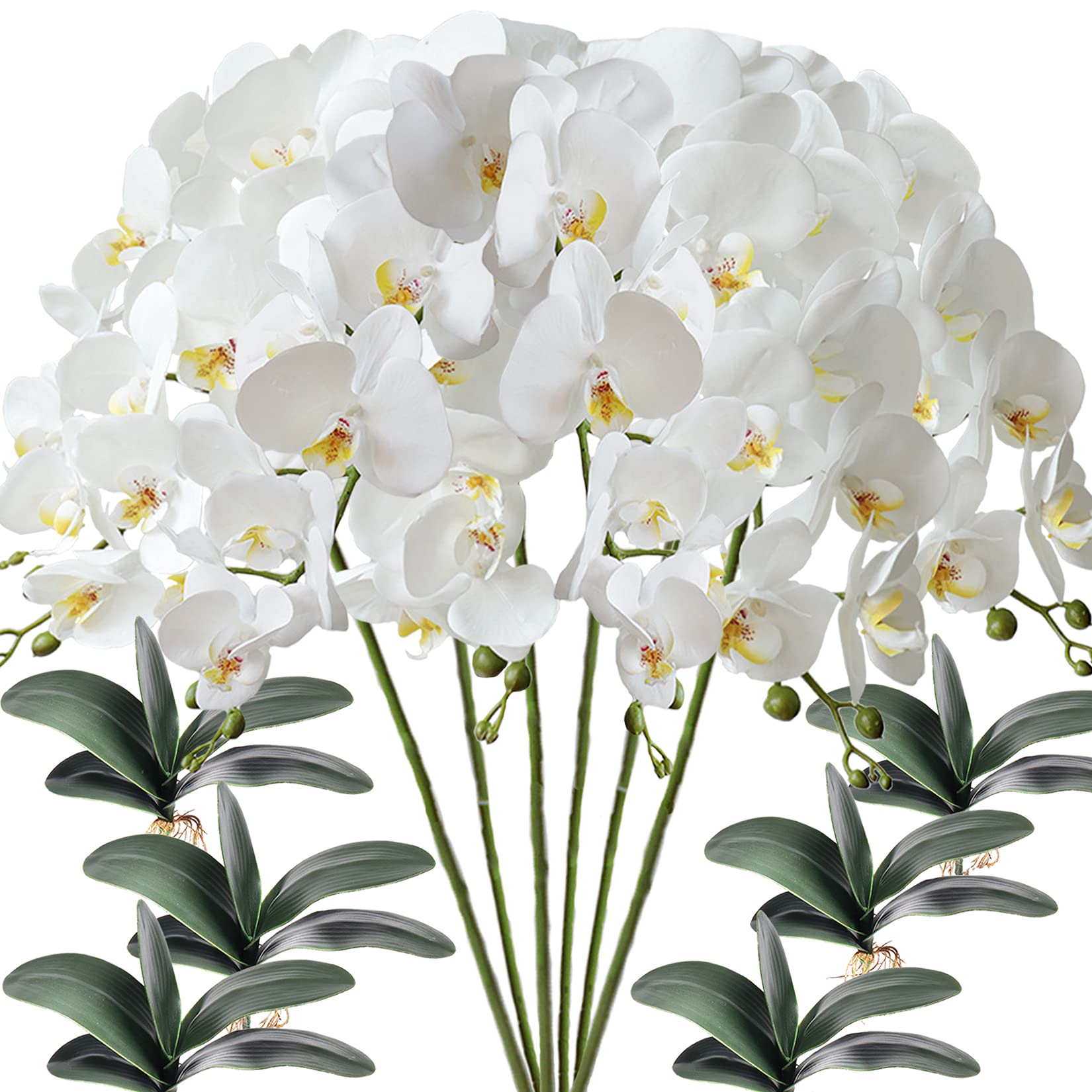FagusHome 6 Pcs Artificial Phalaenopsis Flowers with 6 Bundles Leaves Artificial Orchid Flowers Stem Plants for Home Décor