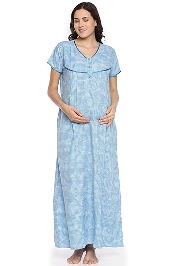 Womens Light Bue Printed Maternity Nightdress