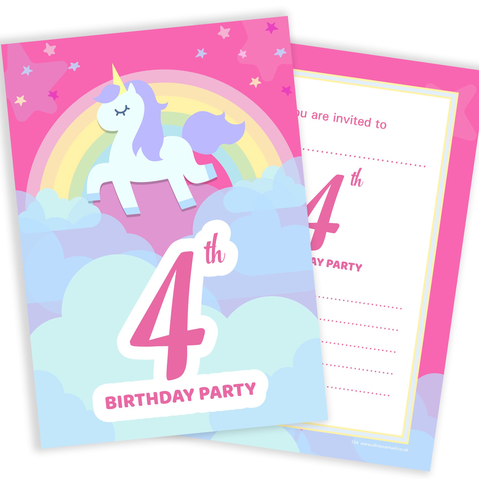 Olivia Samuel 20 x 4th Birthday Party Invitations from Unicorn & Rainbow Pink Invites - Ready to Write with Envelopes