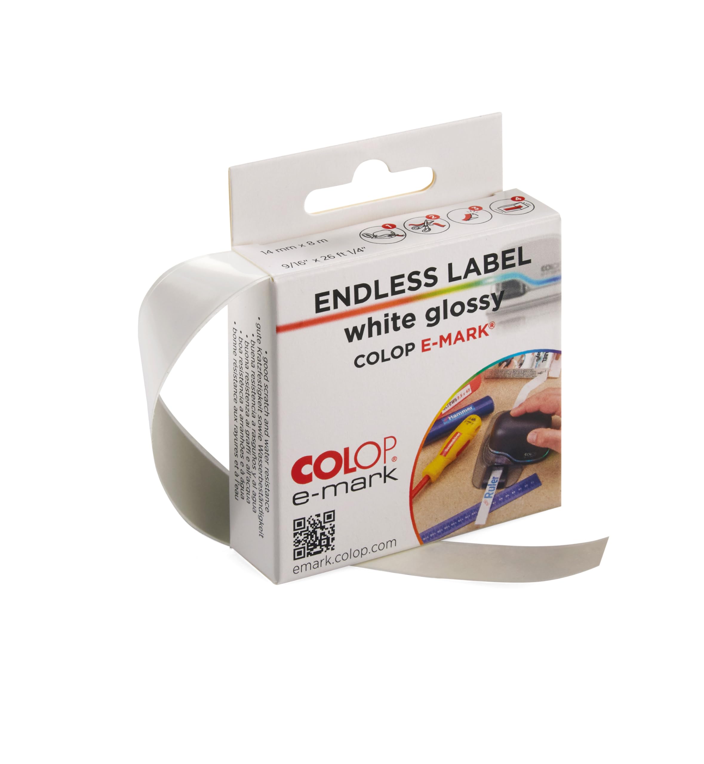 COLOP white glossy endless labels | 155361 | 14mm x 8 metres | Splash and scratch resistant