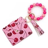 Printed Pattern Wristlet Keychain Wallet for Women Boho Credit Card Holder Aesthetic Bracelet Silicone Beaded Coin Purse (E)