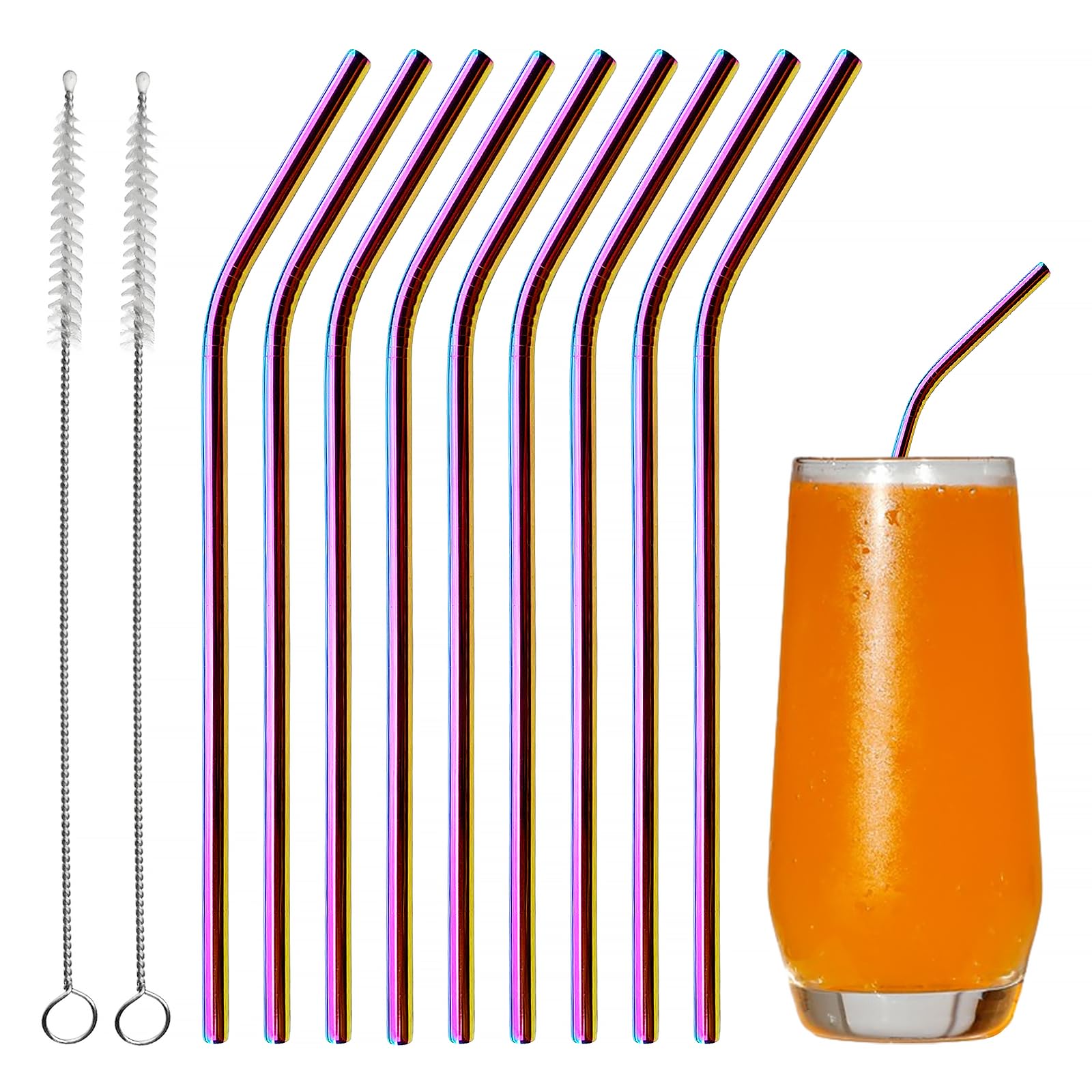 FINEASY Set of 10 Metal Straws Drinking with 2 Cleaning Brushes, Eco-Friendly Reusable Straws Coloured Stainless Steel Straws for Smoothie, Cocktail, Hot Drinks (Bent)