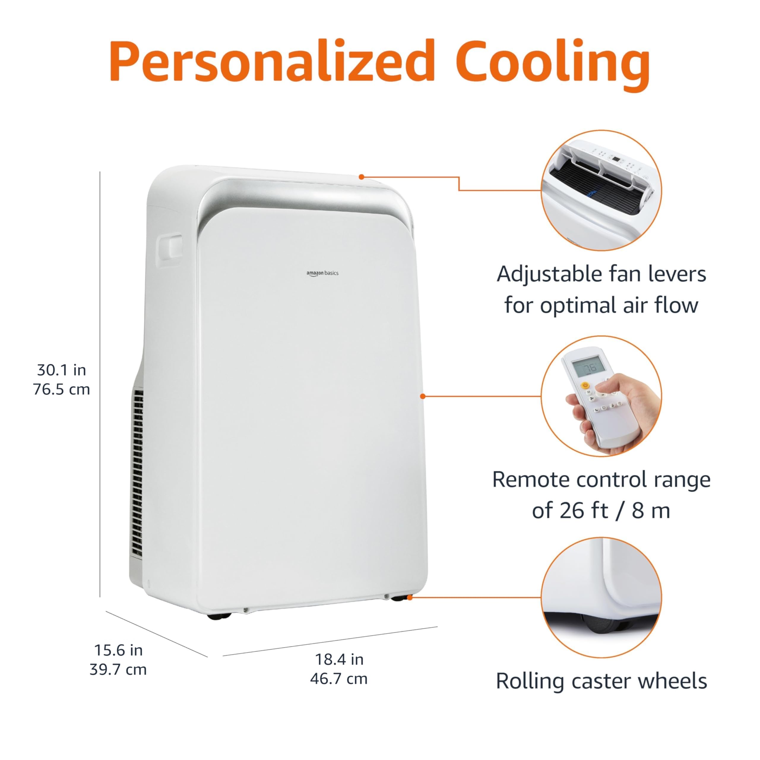 Amazon Basics 4-In-1 Portable Air Conditioner, 13500 BTU (ASHRAE), Cools Up to 550 Sqf, Portable AC with Cool/Heat/Dry (Dehumidifier)/Fan-Only Functions, Auto Mode, Sleep Mode, Timer, White