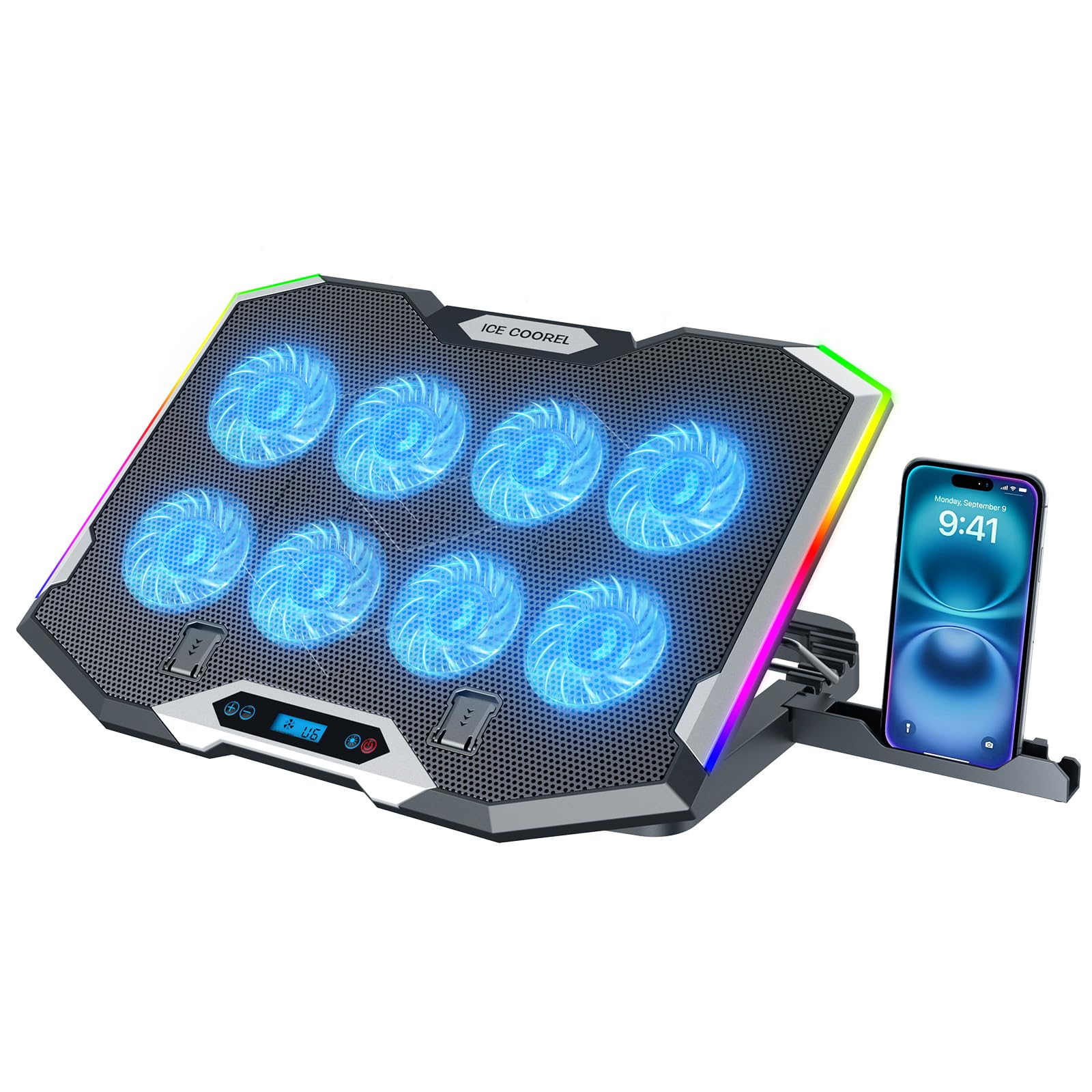 ICE COOREL Gaming Laptop Cooling Pad with 8 Cooling Fans, Laptop Fan Cooler Pad for 15-17.3 Inch, Notebook Cooler Stand with 6 Height Adjustable, RGB Cooling Pad with Two USB Port + Phone Stand