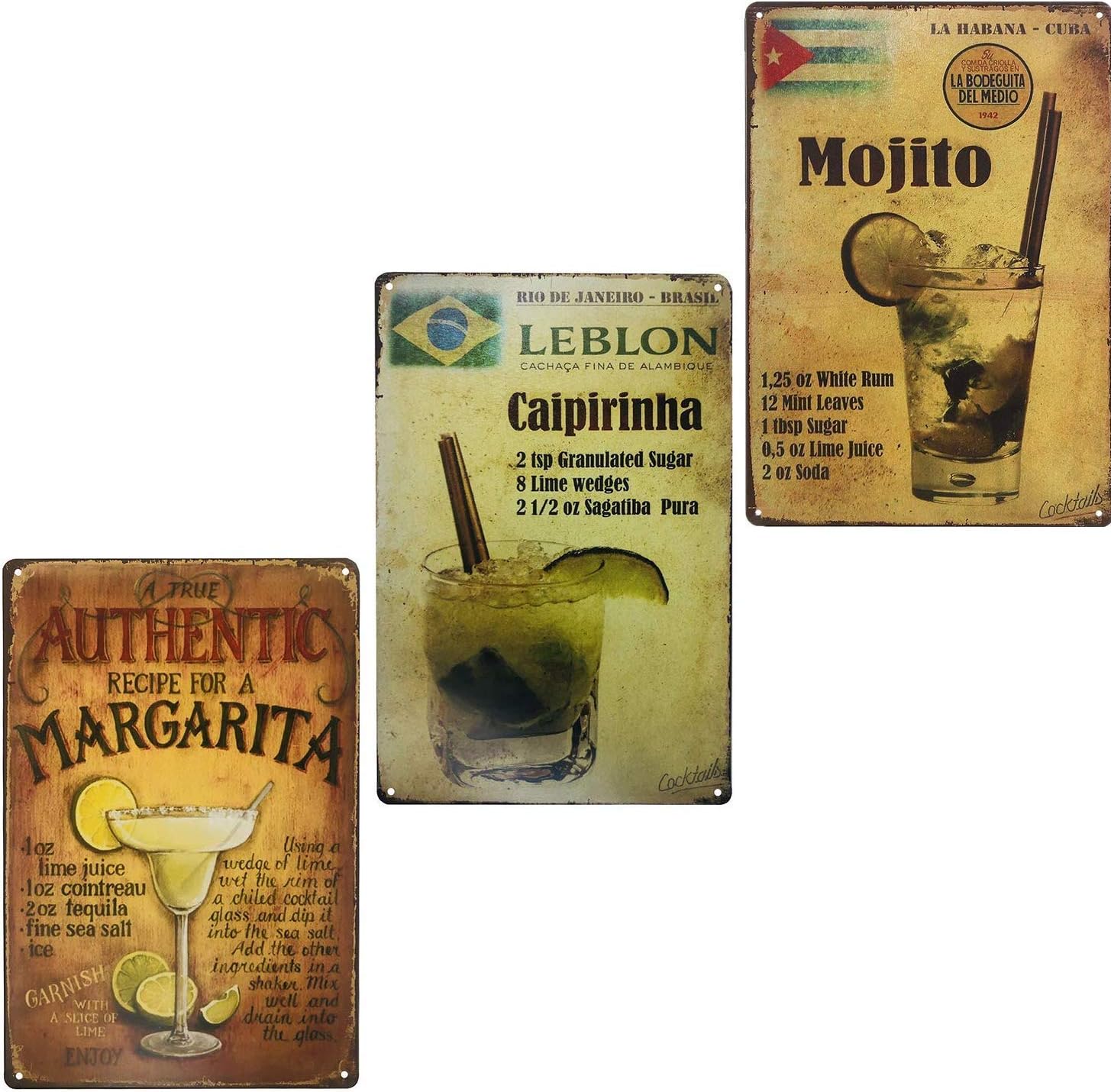 UNIQUELOVER Drinking Signs Funny, Mojito, Margarita & Caipirinha Tin Sign Retro Vintage Metal Plaque Poster for Cafe Bar Pub Wall Decor Art 12" x 8"/30 x 20cm