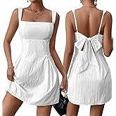 VKIHOC Square Neck Mini Dress Bow Tie Backless Sundress Short Summer Dresses for Women 2024 Casual