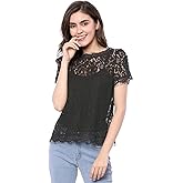 Allegra K Women's Lace Floral Scalloped Trim Short Sleeve Semi Sheer Top