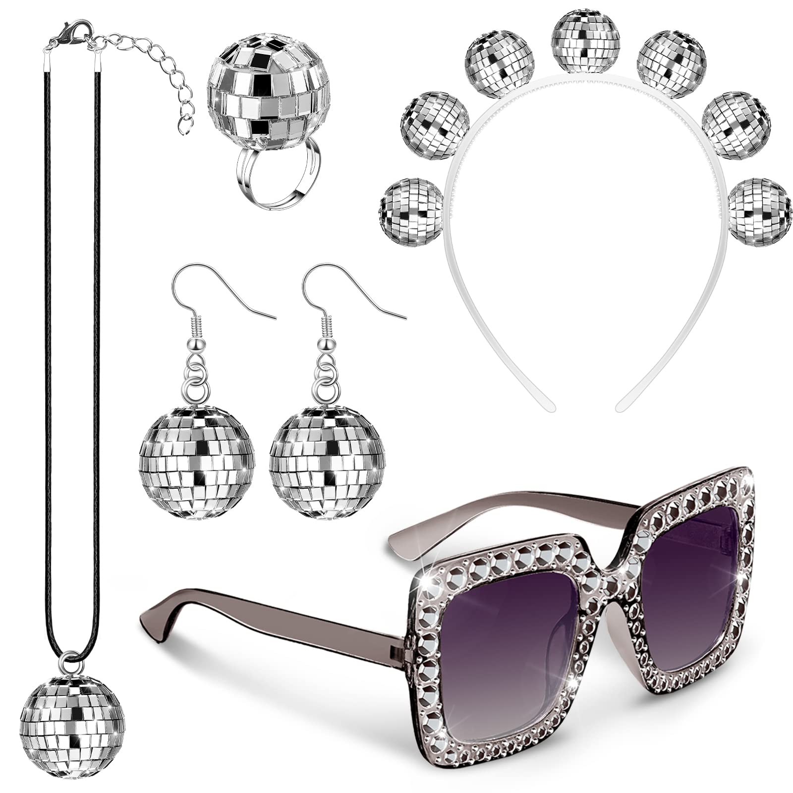 Photo 1 of Tudomro 5 Pcs 1970s Disco Accessories Women Costume Set Disco Ball Earrings Headband Ring and Sunglasses and Other Accessories(Stylish Style)