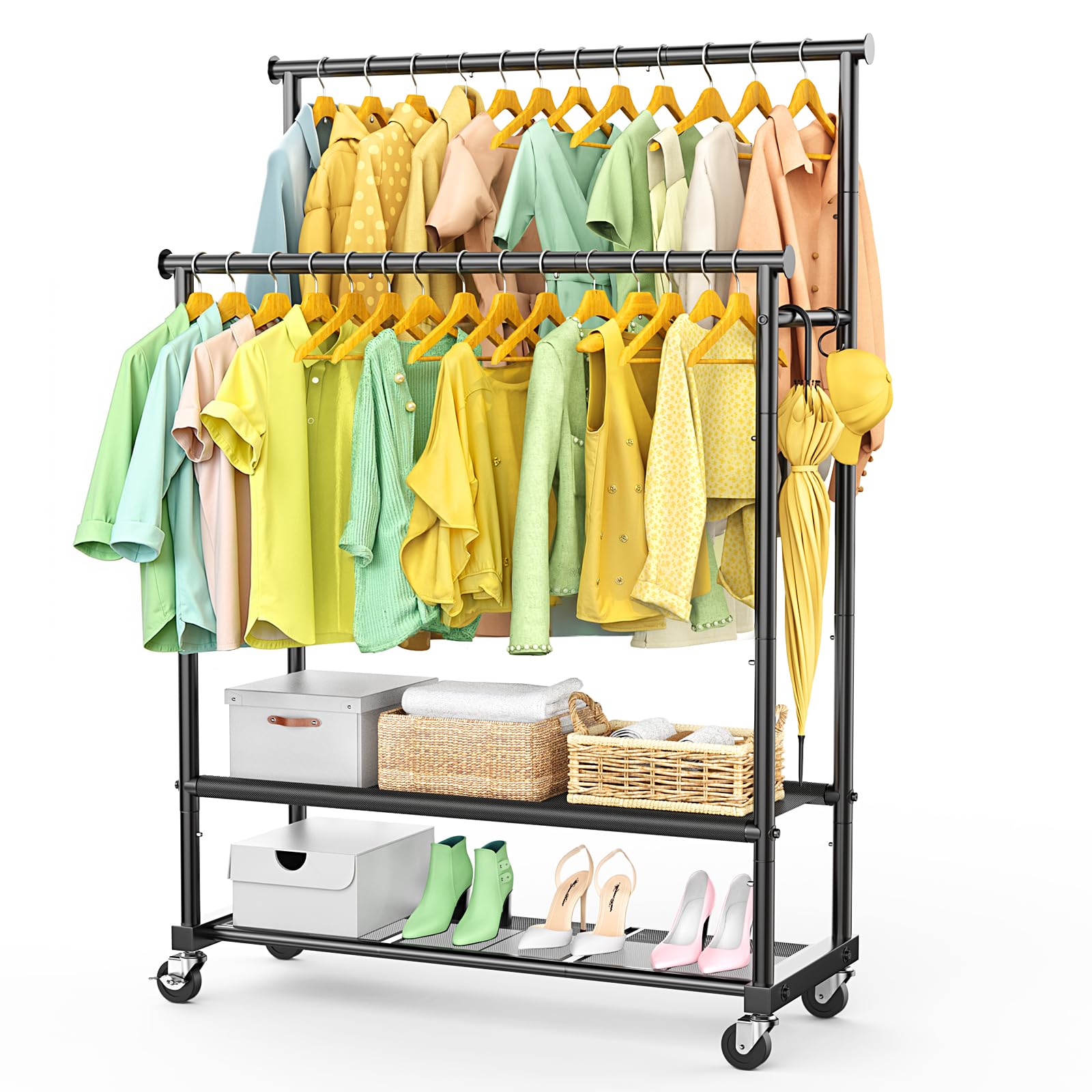 Photo 1 of Double Rods Clothes Rack for Hanging Clothes, Heavy Duty Rolling Clothing Rack with Wheels, Freestanding Garment Racks with Oxford Bottom Shelf and Mesh Bottom Shelf for Bedroom Laundry Living Room