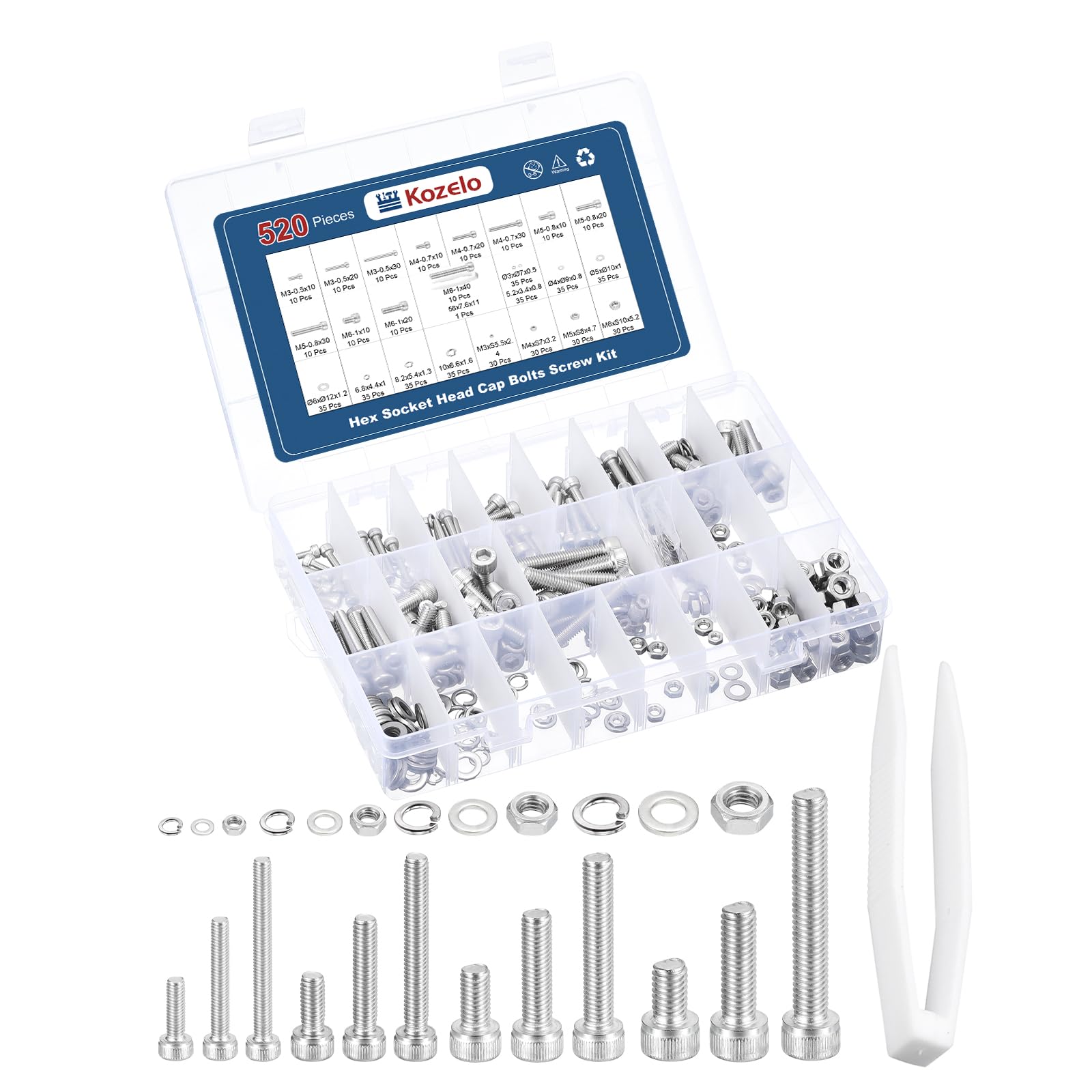 Kozelo 520pcs Socket Head Cap Screws Bolts Nuts Assortment Kit - [M3/M4/M5/M6] 304 Stainless Steel Allen Socket Drive for 3D Printer