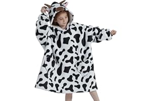 Mewkou Cow Print Wearable Blanket Hoodie for Kids 6-13YR,Oversized Sherpa Hooded Wearable Blanket Sweatshirt with Pockets,Gifts for Girls Boys Teens Birthday Christmas