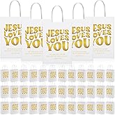 Fullhawl 50 Pcs Christian Gift Bags Bulk Jesus Loves You Religious Paper Bags with Handle First Communion Baptism Easter Party Favors Inspirational Goodie for Church(White,Classic Style)