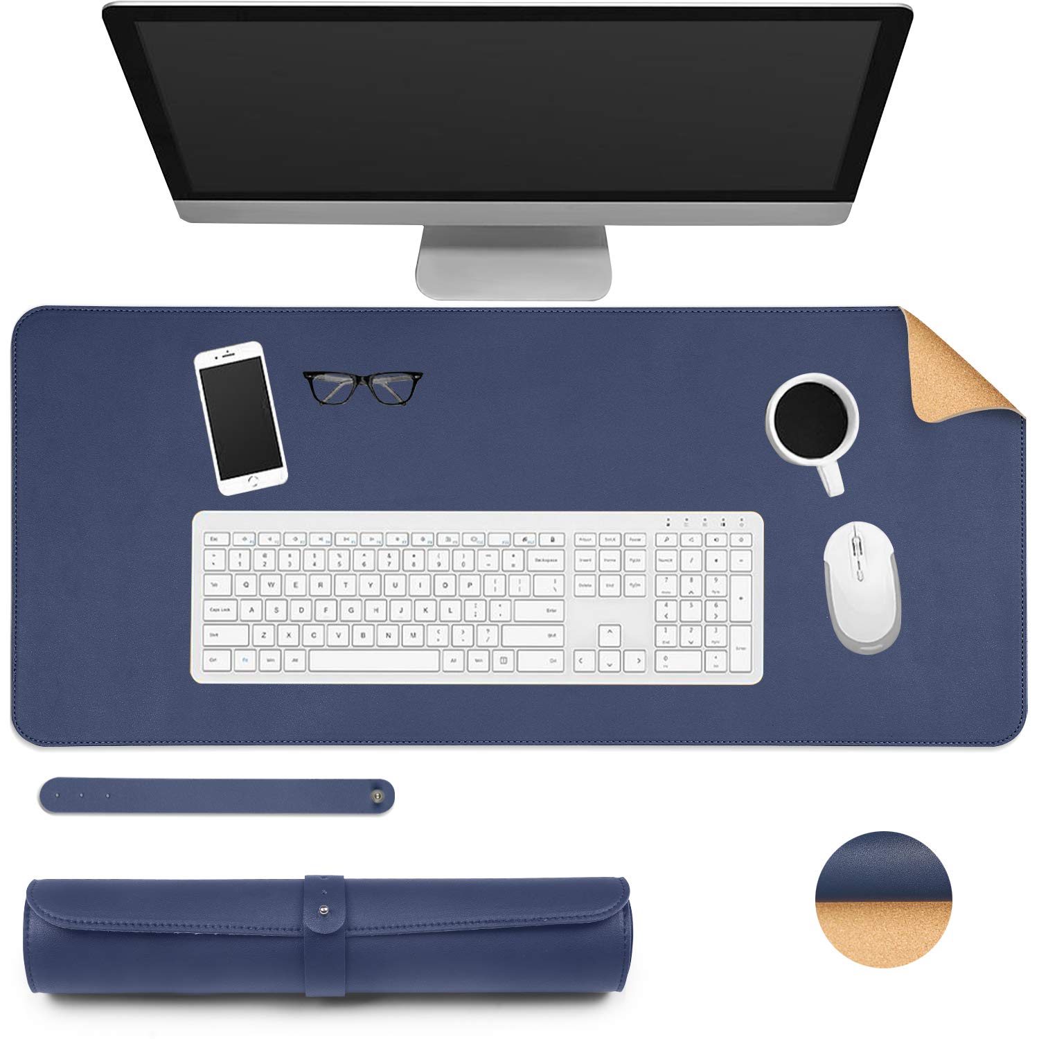 Dricar Desk Pad Cork Leather Double-Sided Office Desk Mat, Large Non-Slip Waterproof Keyboard Mouse Mat Desk Writing Pad for Office Home (Blue + Cork, 70 X 30cm/27.5X11.8in)
