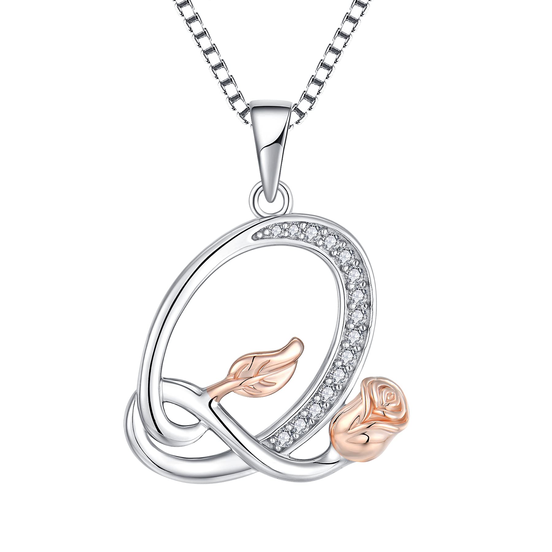 starchenie Alphabet with Rose necklace Letter Q Necklace Zirconia Pendant 925 Sterling Silver Necklace for Women