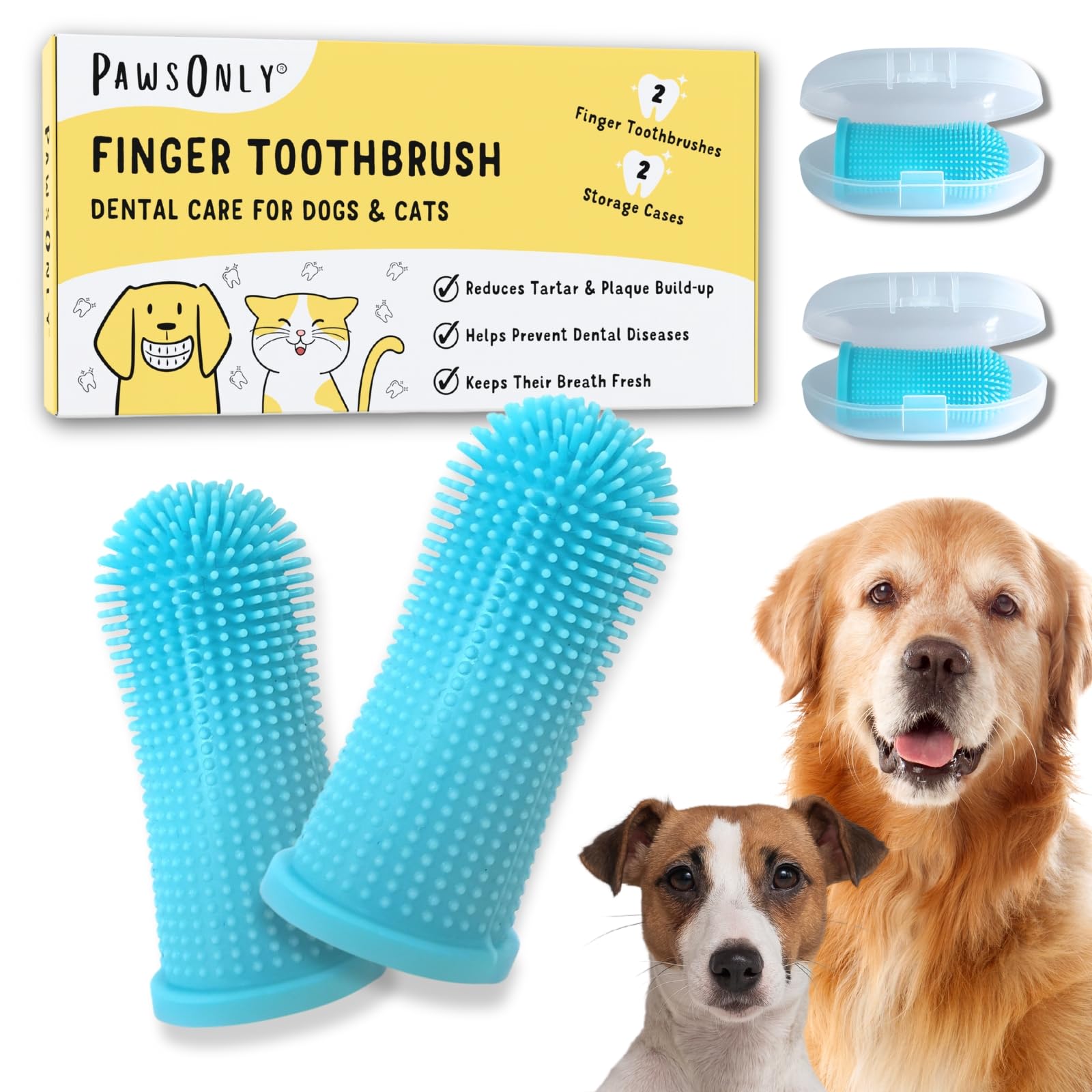 PawsOnly | Dog Finger Toothbrush 2-Pack with Storage Cases | 360° Soft Silicone Bristles | Reusable, Gentle Plaque & Tartar Removing Tooth Brush for All Dog Sizes (Blue)