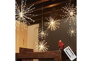 PXBNIUYA 200LED Hanging Sphere Lights, Battery Operated Starburst Lights, 8 Modes Dimmable Remote Control, Waterproof Fairy Lights, Copper Wire Lights for Indoor Outdoor Christmas Decor (Warm White)