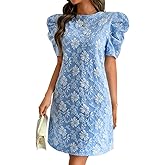 ChiaoLezhee Women's Elegant Floral Jacquard Dress, Puff Sleeve Lightweight Shift Mini Dresses for Summer Casual