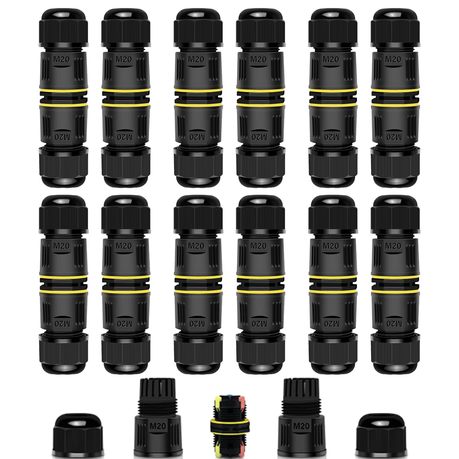 Junction Box Outdoor Waterproof Electrical Cable Connector,NineLeaf 12PK 3-PIN M20 Extension Electrical Cable Protector for Cable Diameter Ø5-12mm,for Outdoor Road Landscape Lights,External Cord Boxes