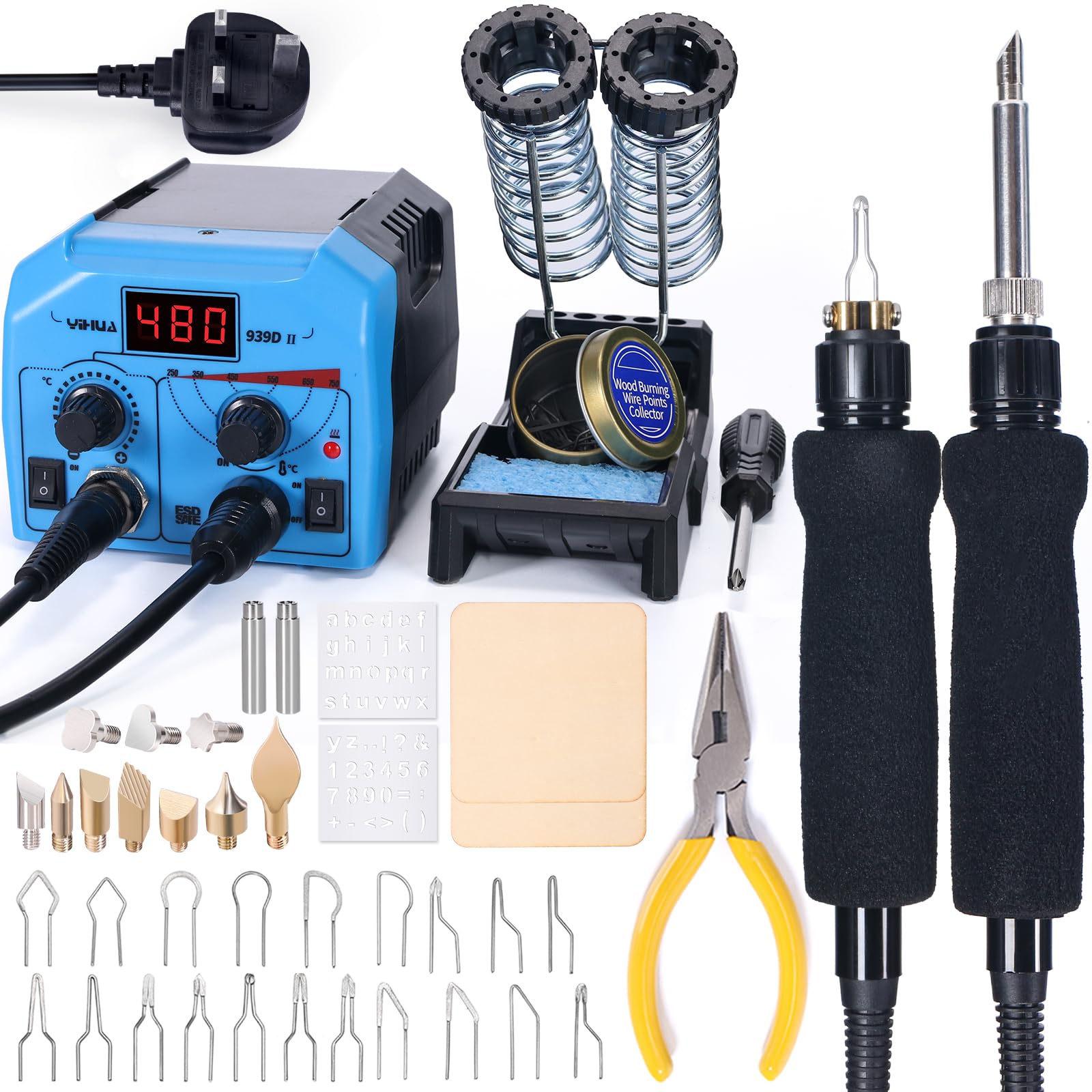 YIHUA 939D-II Pyrography Wood Burning Kit Station with 2 Pyrography Pens (Solid-Tip & Wire-Nib) with 10 Pyrography Solid Tips 20 Wood Burning Wire Nibs (UK Plug)