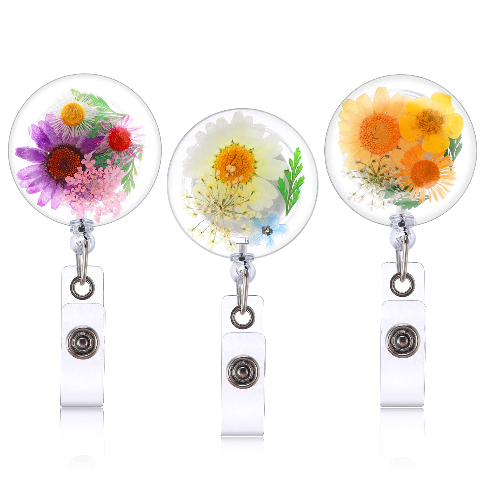 Prasacco 3 Pcs Retractable Badge Reel Clip, Dried Flower Round Badges Holder Round Nurse Badges Reels Retractable Clip Cute ID Name Card Holders Name Decorative for Nurse Doctor Worker