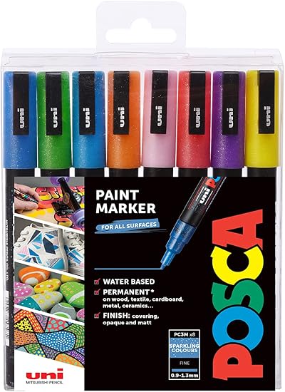 Posca PC-3M Fine Tip Acrylic Paint Marker Pens 8 Glitter Colours Pack