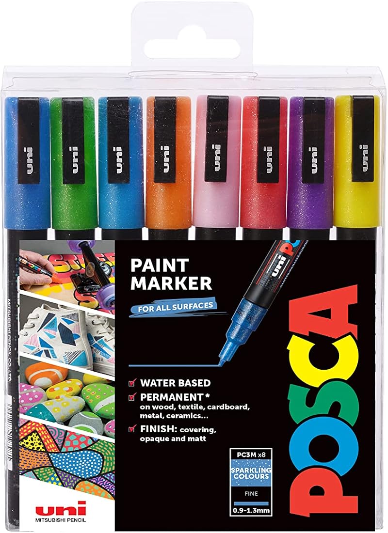 Posca PC-3M Fine Tip Acrylic Paint Marker Pens 8 Glitter Colours Pack