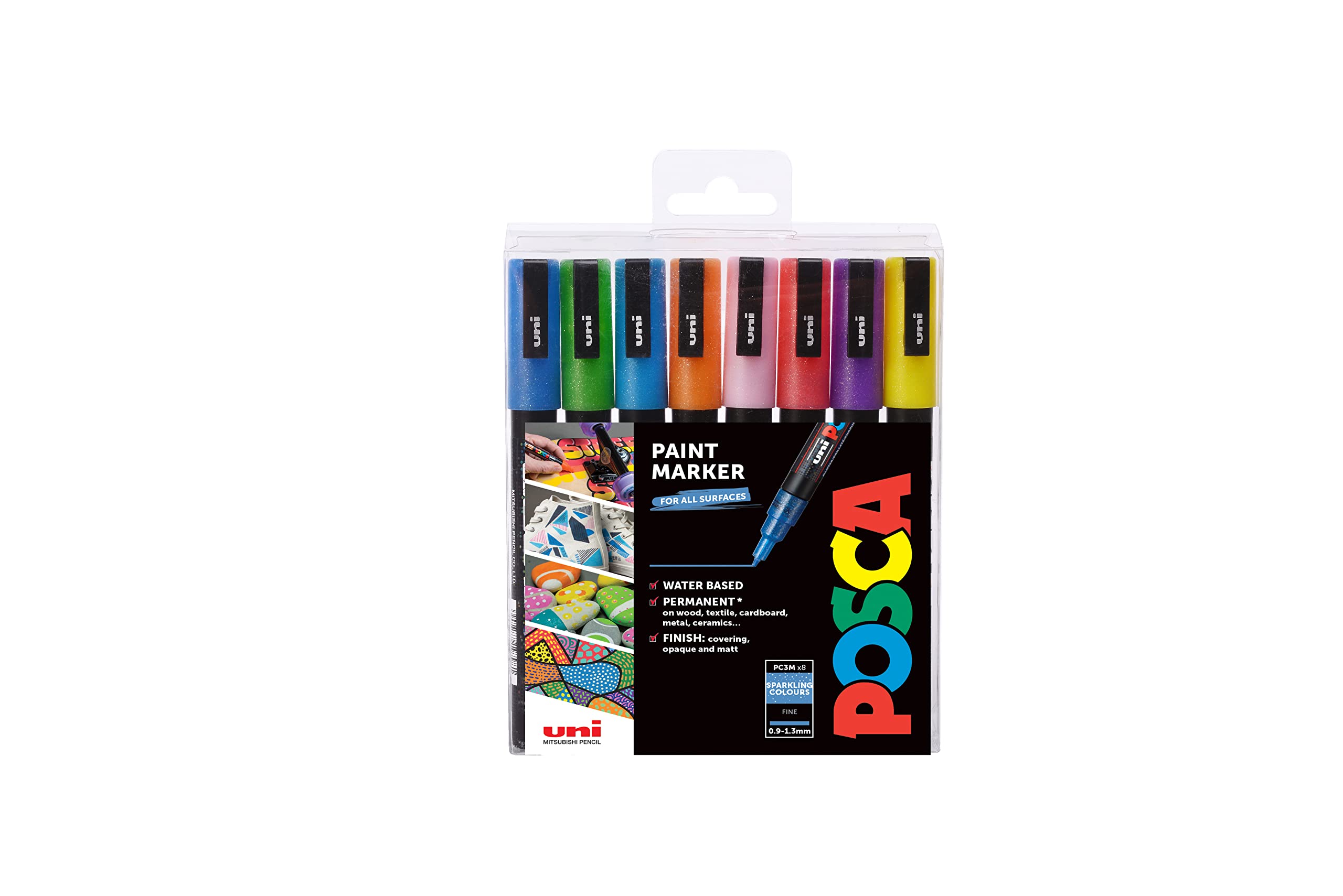 Posca Pens PC-3M Fine Acrylic Glitter Permanent Paint Markers for Adults. Perfect for Colouring, Fabric, Graffiti, Watercolour, Outline Drawing, Window and Glass Art. 8 Pack