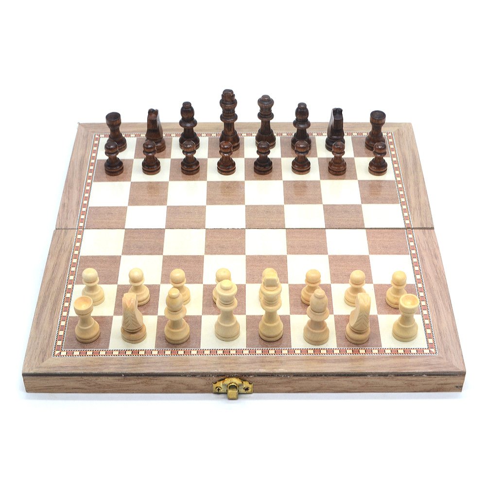 EVERGD 3 in 1 Classic Folding Wooden Chess Set Chess Board Game and Draughts Set 30cm x 30cm (11.8 Inch)
