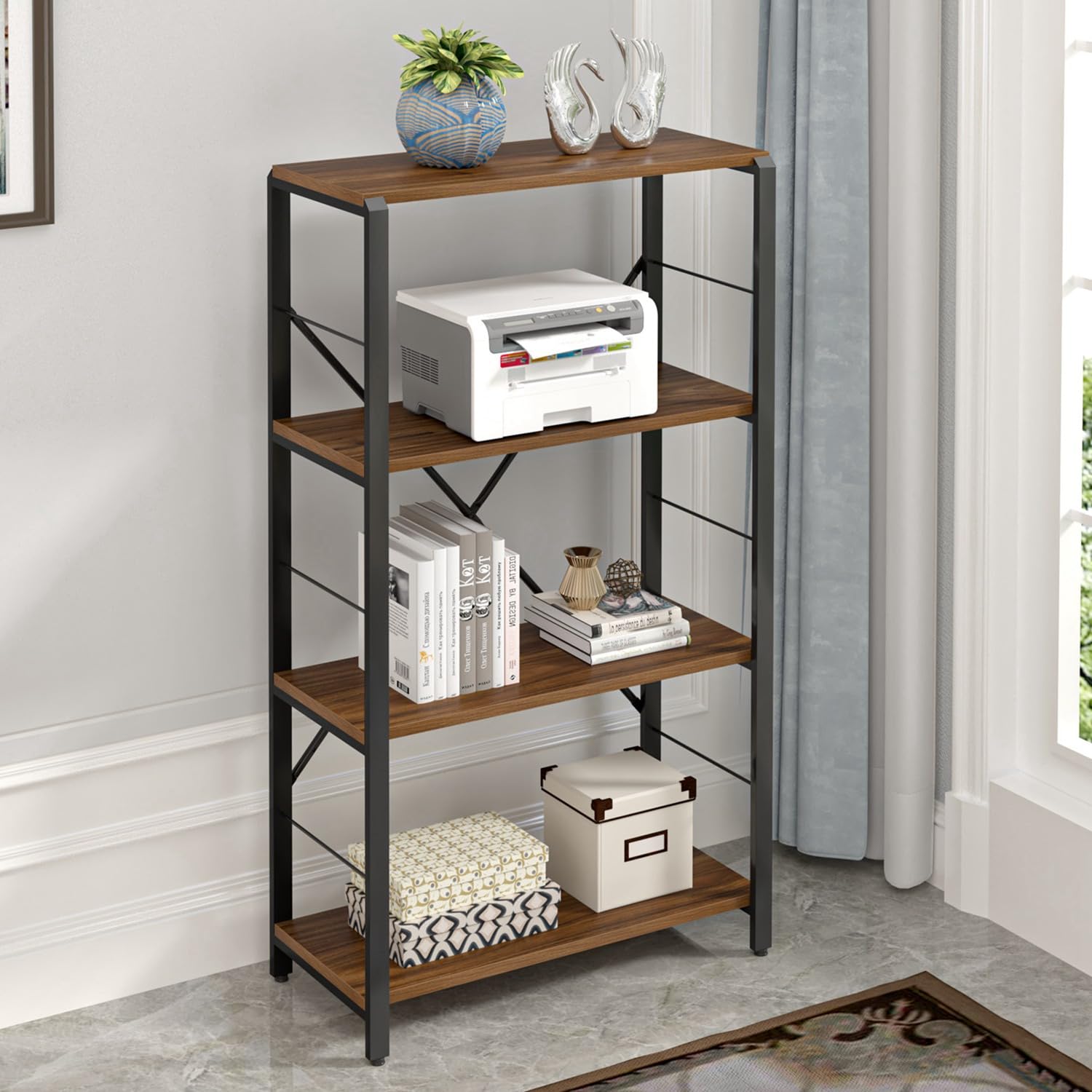 Photo 1 of FOLUBAN Modern Bookshelf, 4 Tier Open Display Storage Book Shelf Organizer, Industrial Metal and Wood Bookshelves and Bookcases for Living Room Bedroom Office, Rustic Walnut