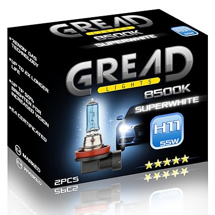 2x H11 Halogen Lampen in Xenon Optik von Gread Lights | Super White | 8500k 55W | E-Prüfzeichen | 100% Passgenauigkeit & lang