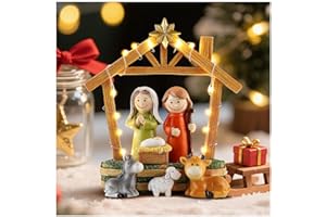 Magicsculp 6.3" Nativity Scene with Lights - Hand Painted Nativity Sets Resin Figure, First Christmas Story Decoration Holy Family Manger Little People Nativity Set for Indoor Mantle Shelf Tabletop