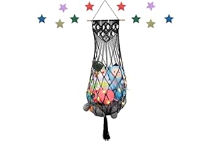 IHANSEE 63'' Jumbo Stuffed Animal Storage Hammock Corner, Boho Macrame Space Saving Wall Hanging Stuffy Hammock for Teddy Plushie, Black Plush Toy Holder Display w/ Star Lights for Kids Boys Girls Gift