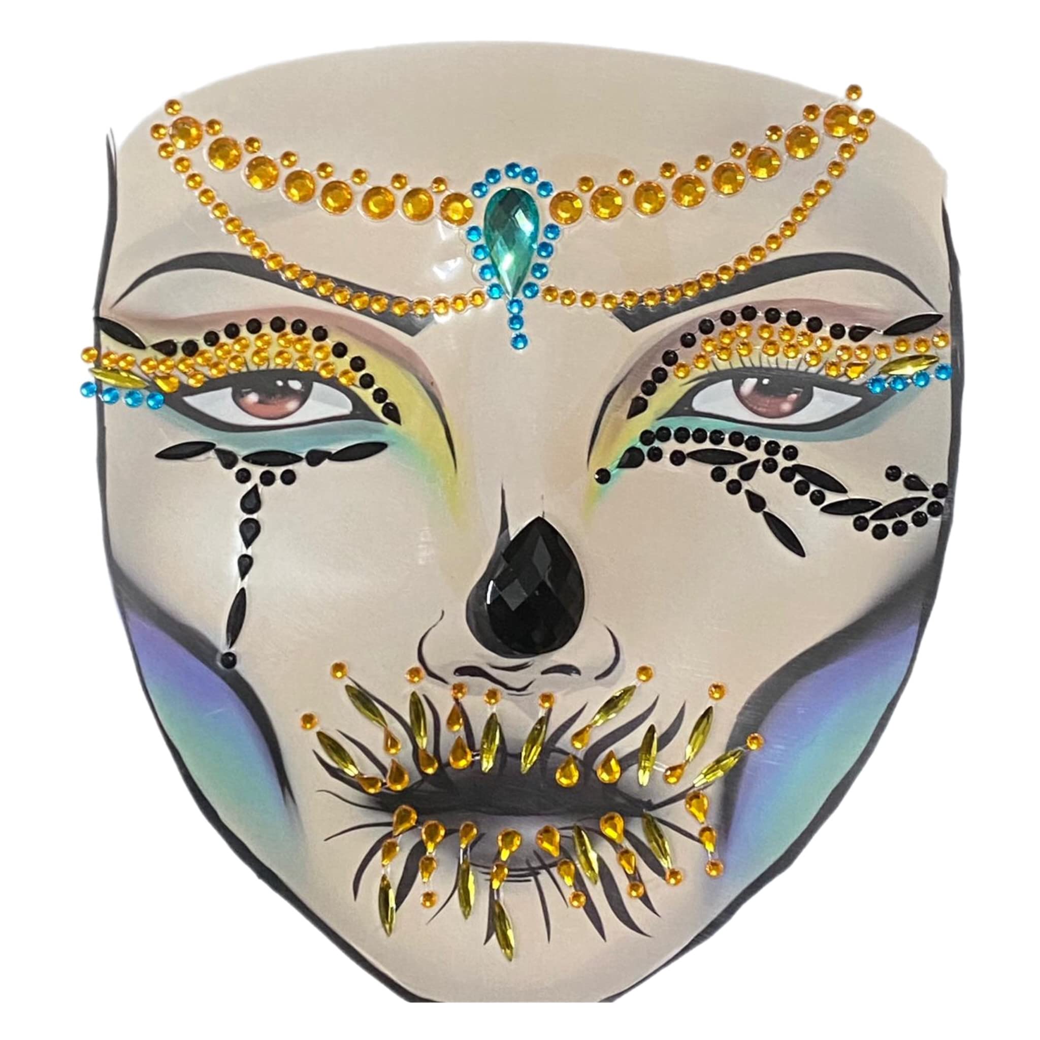 eBoutik - Day of The Dead Halloween Temporary Face Gems Body Jewellery - Sparkling & Glam Sugar Skulls Makeup Stickers for Parites & Dia de Los Muertos Festivals (Gold Mummy)