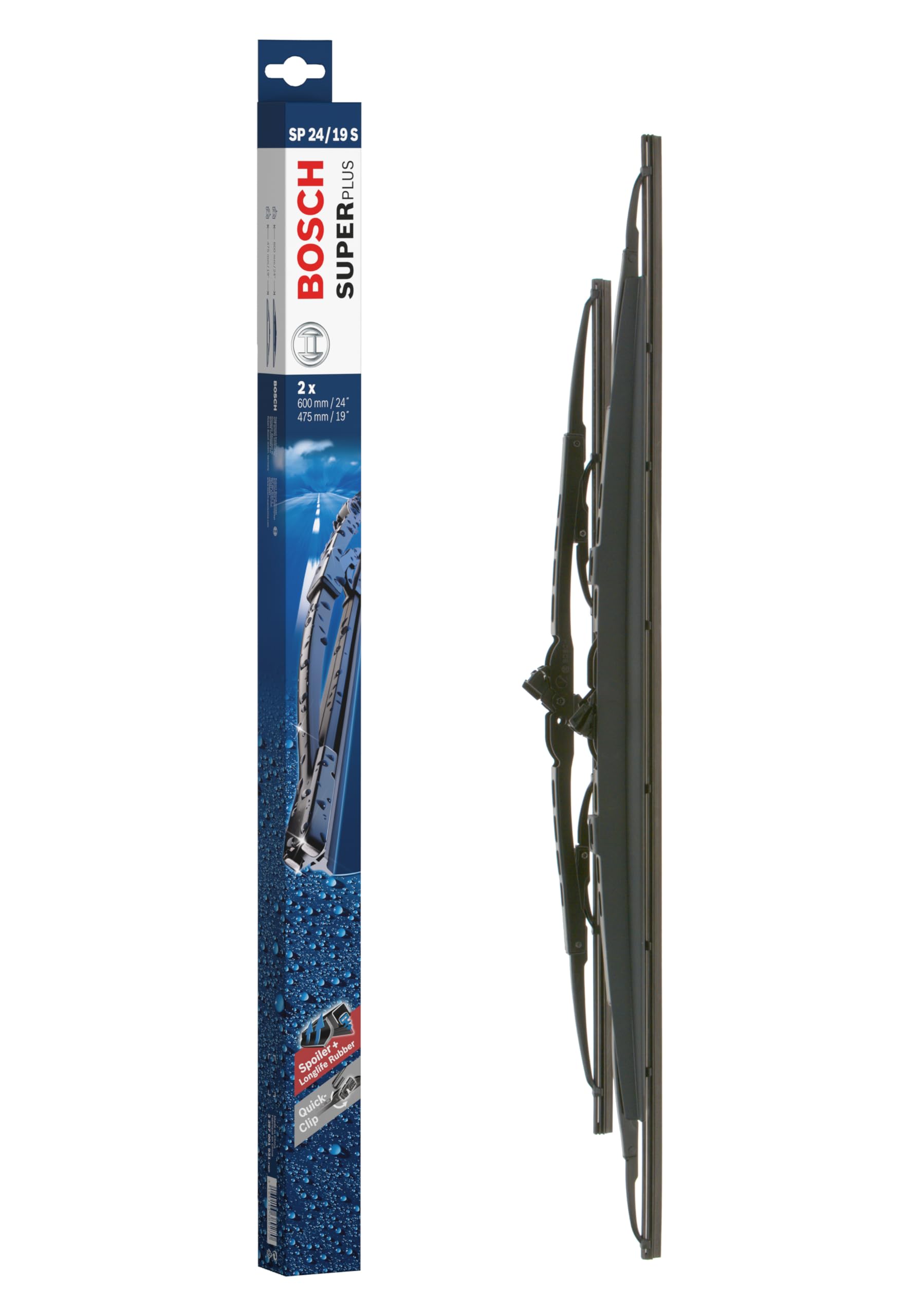 Bosch Wiper Blade Super Plus Spoiler SP24/19S, Length: 600mm/475mm − Set of Front Wiper Blades