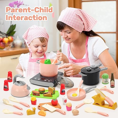 CUTE STONE Play Kitchen Accessories Set, Kids Cooking Toys Set with Play Pots and Pans, Electronic Induction C