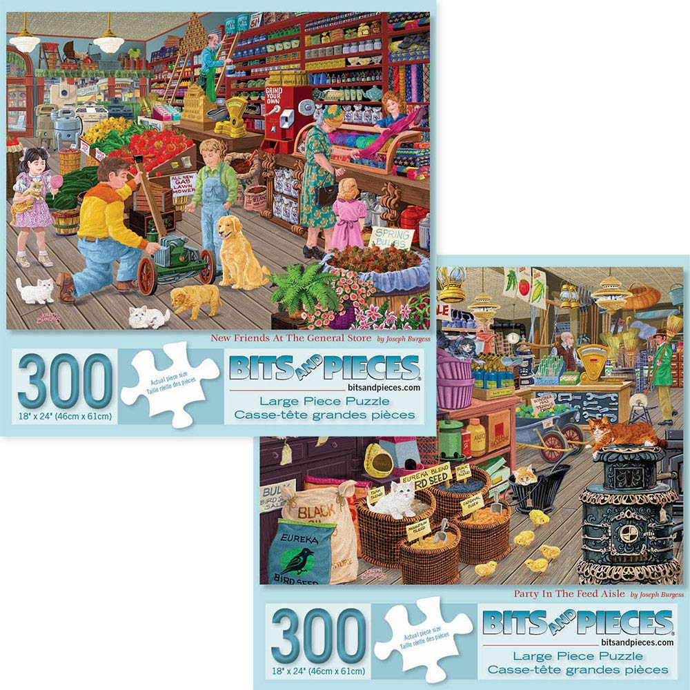 Bits and Pieces - Value Set of Two (2) 300 Piece Jigsaw Puzzles for Adults - Each Puzzle Measures 18" x 24" - New Friends at the General Store, Party in the Feed Aisle Jigsaws by Artist Joseph Burgess