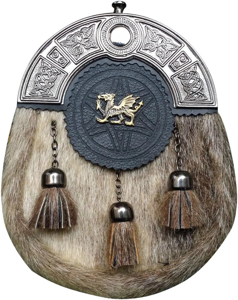 Scottish Kilt Formal Seal Skin Sporrans with Welsh Dragon Badge/Highland Kilt Sporrans