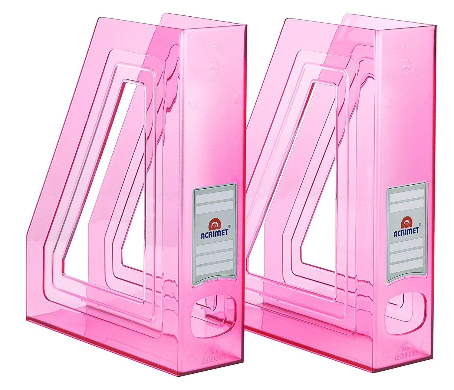 Acrimet Magazine File Holder – Vertical Rack for Documents, Folders and Mail, Durable Plastic Desk Organizer for Office & Home, Clear Pink (2 Pack)