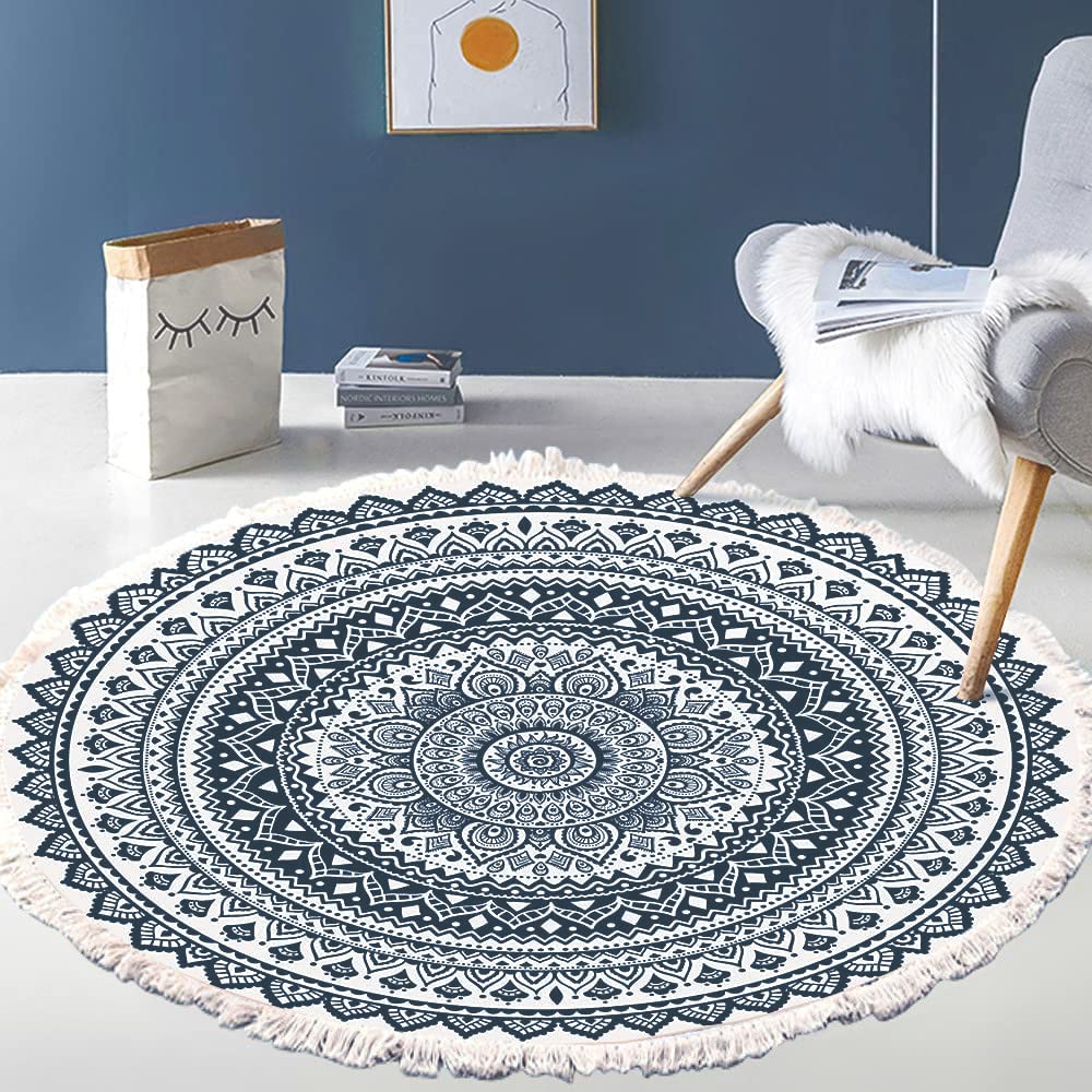 Vintage Boho Cotton Rugs, Mandala Pattern, Washable Hand Woven Bohemian Round Rug with Tassels for Bedroom, Hallway, Living Room, Coffee Table, Doormats, Machine Washable, 60 cm, Flowers #16 — image 1