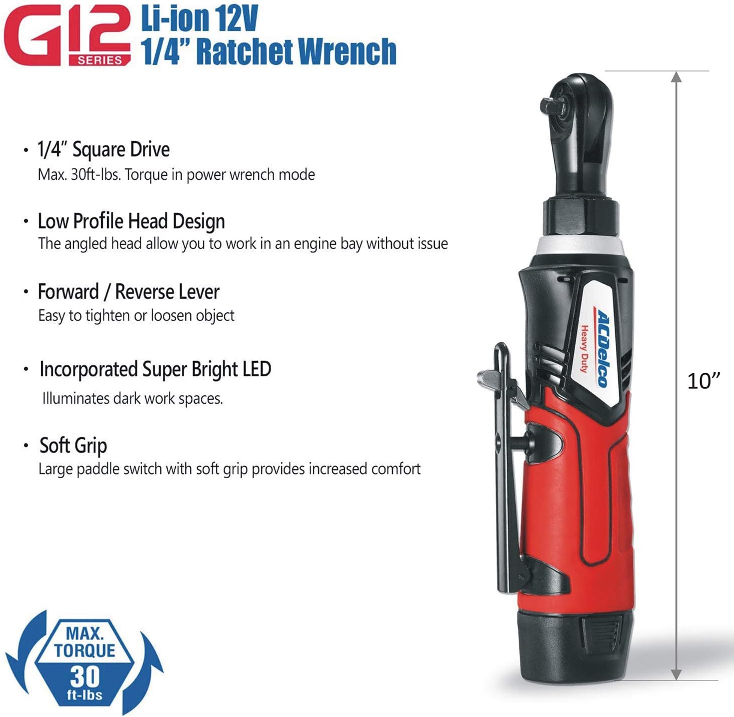 ACDelco ARW1207P G12 Series 12V Cordless Li-ion 1/4” 30 ft-lbs. Torque Ratchet Wrench Tool Kit: Home Improvement