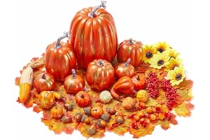 BINPURE Thanksgiving Decoration Artificial Pumpkins, Fall Decorations for Home Pumpkin Kitchen Table Indoor Outdoor w Mini Pumpkins Maple Leaves Fall Harvest Decor (Style-4, 143 PCS)