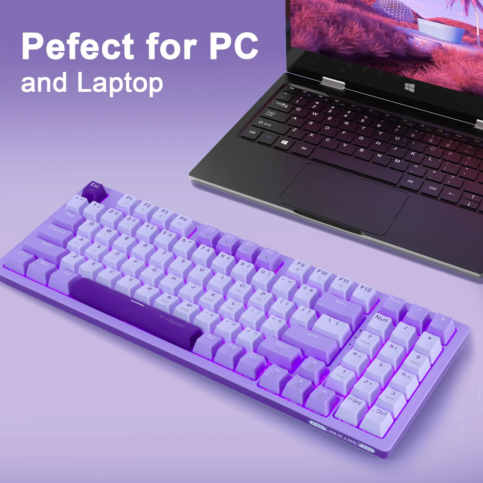 HUO JI Mechanical Gaming Keyboard USB Wired Compact with Number Pad, Purple Led Backlit, Blue Switch, Detachable Type C Cable, 94 Keys for PC/Computer/Laptop, White and Purple