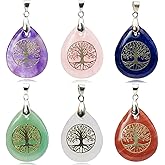 Flemtai 6 Pieces Tree of Life Gemstone Crystal Pendant Waterdrop Shape Natural Stone Alloy Pattern Setting Charms for Jewelry Making Necklace Meditation