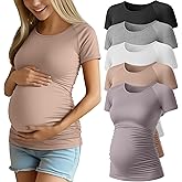 Ficerd 5 Pack Women's Maternity Shirts Short Sleeve Side Ruched Pregnancy Tops Raglan Tee Tunic Casual Mama Clothes