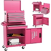 Goplus Pink Tool Chest, 5 Drawers Rolling Tool Cabinet w/Detachable Top Toolbox, Universal Lockable Wheels,Lock Bar,Protective Liner,Tool Rack, Metal Tool Storage Cart, Tool Box for Garage Workshop