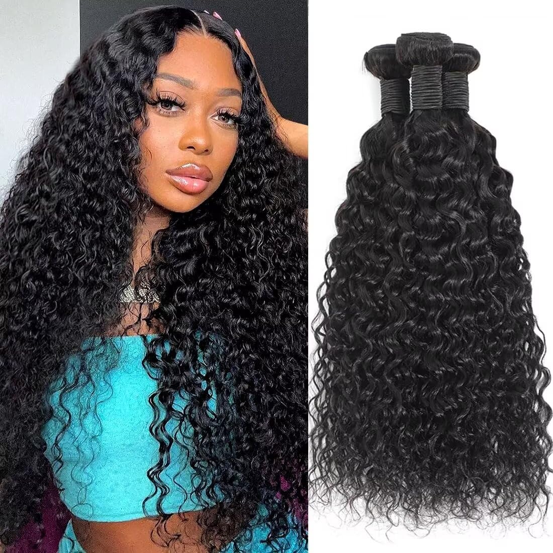 Water Wave Human Hair Bundles 24 26 28 Inch 12A 100% Unprocessed Brazilian Virgin Hair Curly Bundles Human Hair Can be Dyed Wet and Wavy 3 bundles Curly Weave Bundles Natural Black Color โ image 1