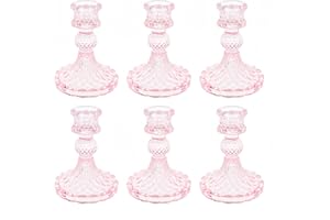 ECHFSM Glass Candlestick Holder,Striped Taper Candle Holders,Set of 6 Candle Stand for Table Centerpieces, Home Decor,Weddings,Festival and Parties (Pink Dimond)