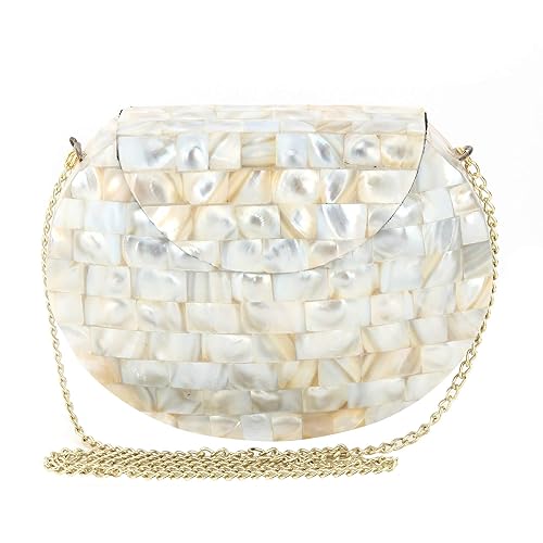 Voila Stylish Antique Ethnic Handmade Party Metal Clutch For Women - Pearl White