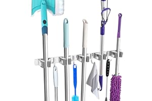 UNIFUN Broom Holder Wall Mount, Broom Organizer Wall Mount Stainless Steel Broom and Mop Hanger Heavy Duty Storage Organization for Home Kitchen Garden Garage Room 5 Racks 4 Hooks(Grey Rack)