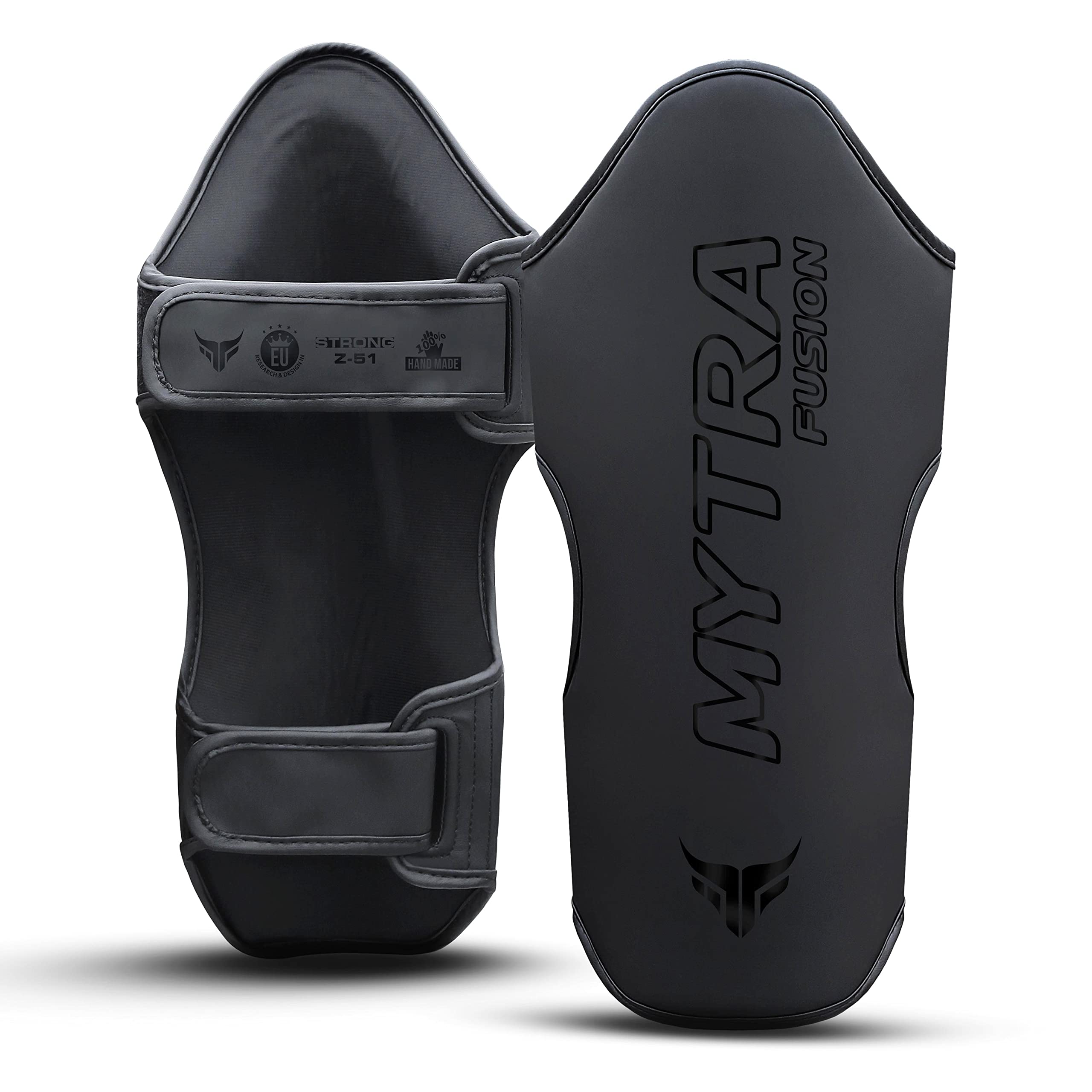 Mytra Fusion Kickboxing Shin Guards Synthetic Leather MMA Shin Guards Muay Thai, Training, Sparring, Martial Arts Shin Pads (Black, S)